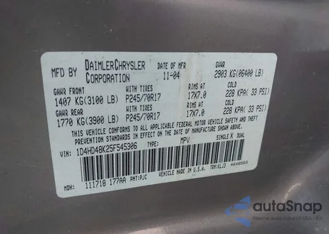 2005 Dodge Durango Slt z USA, uszkodzony, nr VIN 1D4HD48K25F545306